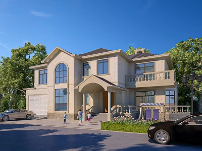 European Style Detached Villa Exterior With Green Trees Lawn Family And Parked Cars 3d model