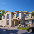 European Style Detached Villa Exterior With Green Trees Lawn Family And Parked Cars