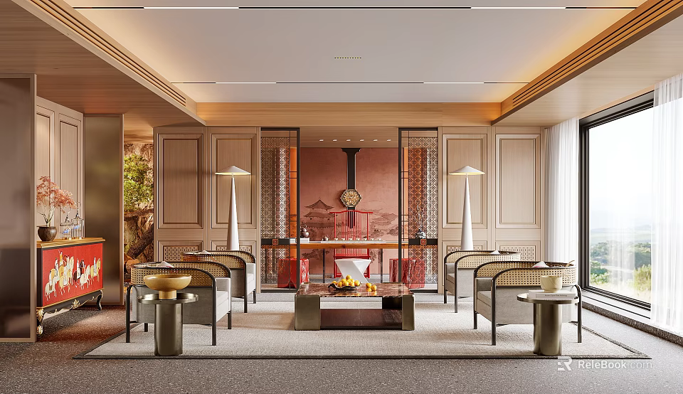 Elegant Modern Reception Room Interior With Coffee Table And Floor Lamps 3d model