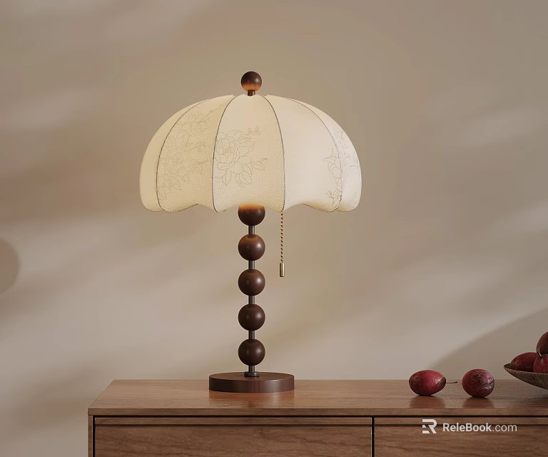 Traditional Wooden Table Lamp With Patterned Lampshade And Fruit Decor On Desk 3d model 