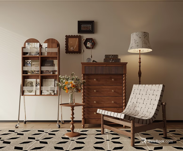 Cozy Retro Leisure Chair with Wooden Frame White Black Geometric Cushion and Small Round Table 3d model 