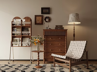 Cozy Retro Leisure Chair with Wooden Frame White Black Geometric Cushion and Small Round Table 3d model