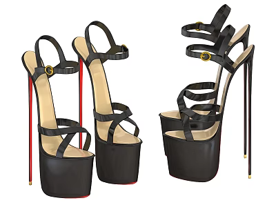 Black Strappy Platform High Heels With Stiletto Heels And Gold Buckle Design 3d model