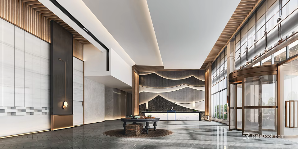Modern Hotel Lobby Interior With Reception Desk Wooden Accents And Floor To Ceiling Windows 3d model 