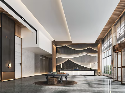 Modern Hotel Lobby Interior With Reception Desk Wooden Accents And Floor To Ceiling Windows 3d model