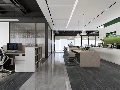 Modern Spacious Public Office Workspace With Open Workstations Glass Partitions And Comfortable Shared Pantry Zone 3d model