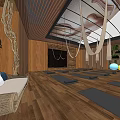 Modern Yoga Fitness Studio With Wooden Floor Yoga Mats Hanging Hammocks And Green Plant Walls