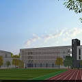 Modern School Building Campus With Green Playground Red Track Trees And Classroom Windows 3d model