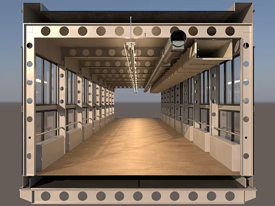 Industrial Metal Pipes Mounted On Ceiling In Corridor With Metal Frames Railings And Lighting 3d model