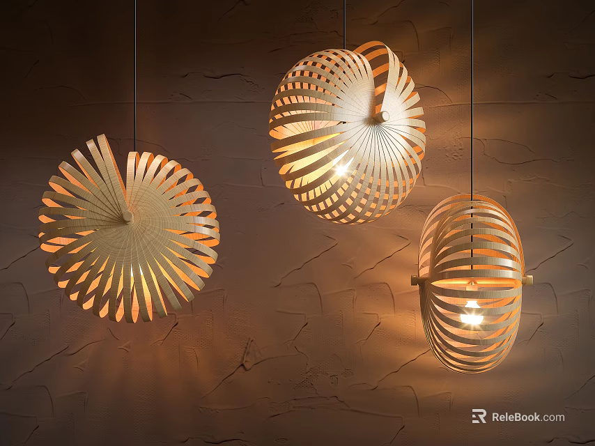 Three Wooden Spiral Openwork Chandeliers With Warm Lighting For Interior Decor 3d model 