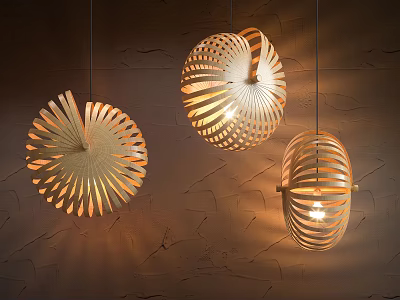 Three Wooden Spiral Openwork Chandeliers With Warm Lighting For Interior Decor 3d model