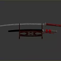 Traditional Japanese Katana Weapon With Black Scabbard Red Handle On Red Decorative Stand