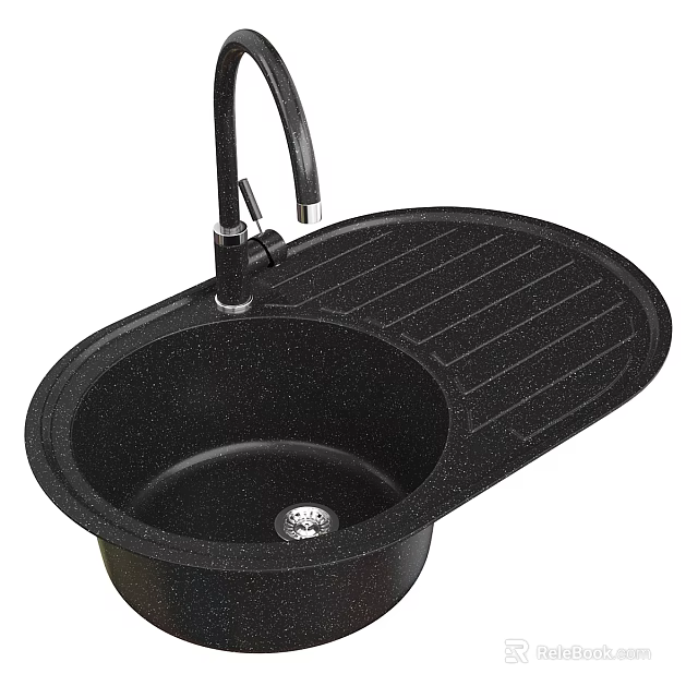 Black Kitchen Sink With Faucet And Striped Draining Board In Modern Design 3d model 