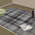 Modern Square Rug with Plaid Pattern in Neutral Tones Featuring Vase Magazines and Pillow