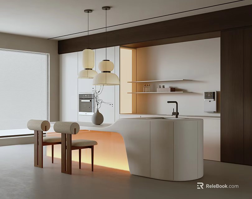 Modern Restaurant Kitchen Open Design With Island Counter Pendant Lights Shelves And Chairs 3d model 