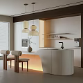 Modern Restaurant Kitchen Open Design With Island Counter Pendant Lights Shelves And Chairs