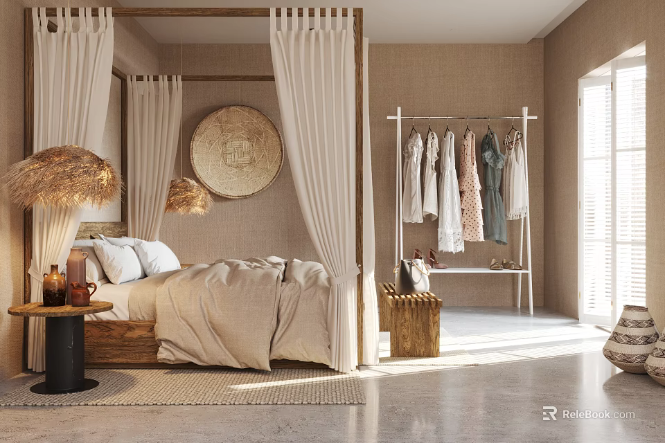 Cozy Natural Bedroom Interior With Canopy Bed Drapes Round Woven Decor And Clothing Rack 3d model 