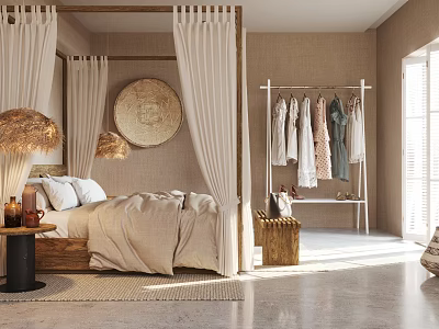 Cozy Natural Bedroom Interior With Canopy Bed Drapes Round Woven Decor And Clothing Rack 3d model