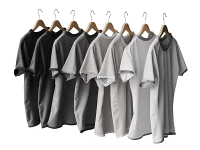Various Color Short Sleeve T-shirts Hanging On Wooden Hangers With Gradient Tones 3d model