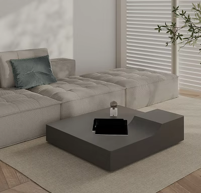 Sleek Modern Coffee Table In Living Room With Gray Sofa Blinds Plant And Phone On Top 3d model