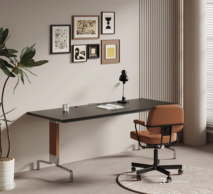 Modern Home Office Setup With Wooden Desk Leather Chair Wall Art And Floor Plant 3d model 