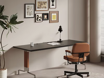 Modern Home Office Setup With Wooden Desk Leather Chair Wall Art And Floor Plant 3d model