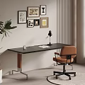 Modern Home Office Setup With Wooden Desk Leather Chair Wall Art And Floor Plant