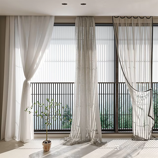 White Sheer Curtains For Modern Indoor Window With Natural Light And Balcony View 3d model 