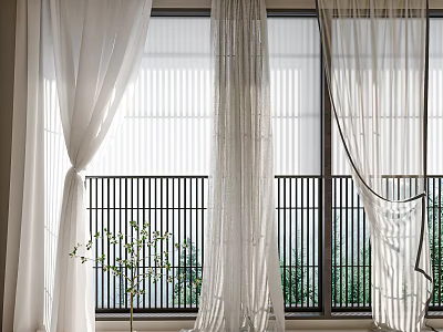 White Sheer Curtains For Modern Indoor Window With Natural Light And Balcony View 3d model