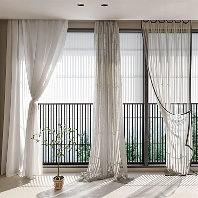 White Sheer Curtains For Modern Indoor Window With Natural Light And Balcony View 3d model
