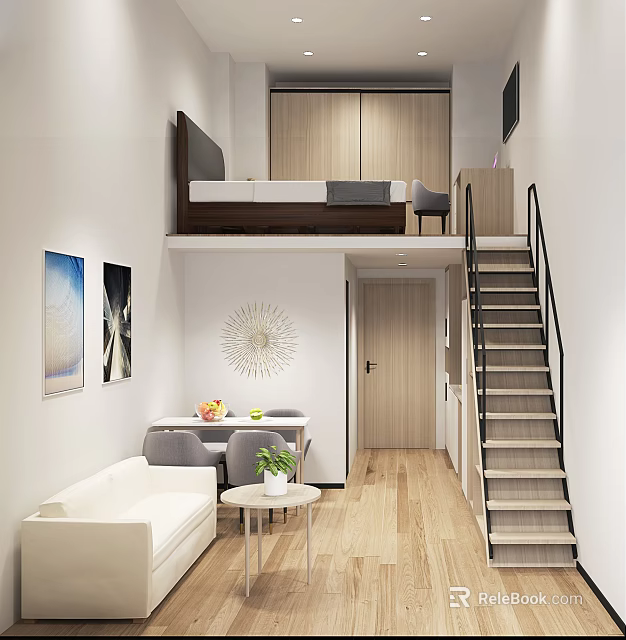 Modern Loft Style Apartment With Sofa Dining Table Decorative Paintings Wooden Floor And Upper Bed 3d model 