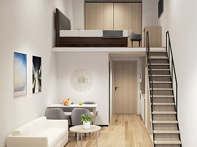 Modern Loft Style Apartment With Sofa Dining Table Decorative Paintings Wooden Floor And Upper Bed 3d model
