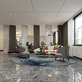 Modern Elevator Hallway With Marble Floor Wooden Walls And Reception Desk