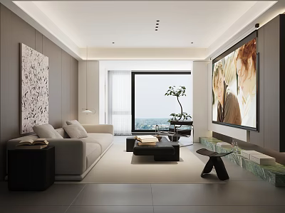 Modern Minimalist Living Room Interior With Large Projector Screen Comfortable Beige Sofa And Bright Window 3d model