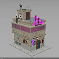 Colorful Multi Story Building Exterior With Pink Accents Green Door Neon Sign And Bar Facade