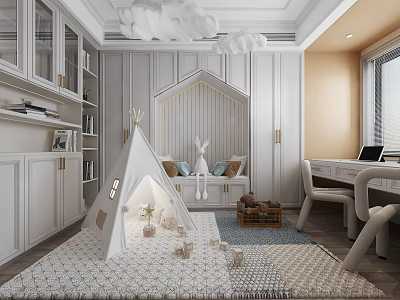 Kids Room Interior Design With White Tent Bookshelves Desk Soft Rug And Cloud Decorations 3d model