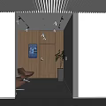 Modern Corridor Interior With Wooden Wall Digital Screen Brown Chairs Green Plant And Gray Carpet