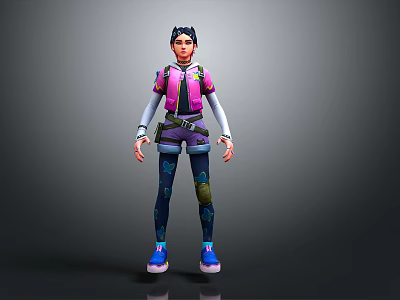 3D Character Model In Pink Purple Top Purple Shorts Dark Leggings And Blue Shoes 3d model