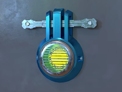 Blue Industrial Device with Yellow Circular Section and Metal Structure Mounted on Gray Background 3d model