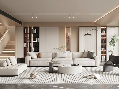 Modern Living Room Interior Design With Beige Sofa Round Coffee Table And Floor Lamp 3d model