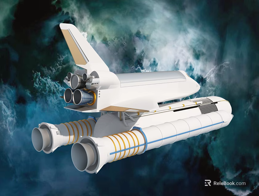 White Space Shuttle With Twin Booster Rockets Flying In Cosmic Nebula Sky 3d model 
