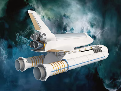 White Space Shuttle With Twin Booster Rockets Flying In Cosmic Nebula Sky 3d model