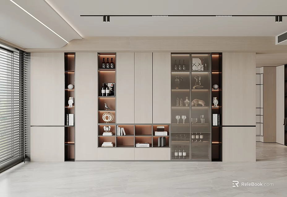 Modern Wine Cabinet Interior Design With Glass Doors LED Lighting And Decorative Items 3d model 