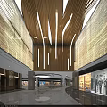Modern Shopping Mall Lobby Featuring Wooden Strip Ceiling Hanging Lights And Marble Flooring