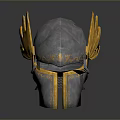 Ancient Battle Helmet Featuring Silver Body Golden Feathered Sides Carved Patterns And Chainmail Chin