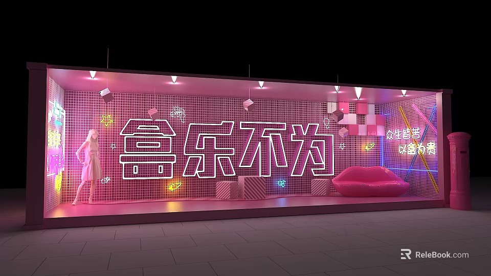 Pink Themed Neon Illuminated Photo Check-in Spot With Lips Decoration And Model Figure 3d model 