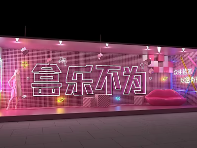 Pink Themed Neon Illuminated Photo Check-in Spot With Lips Decoration And Model Figure 3d model