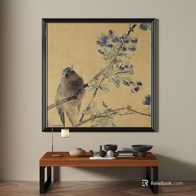 Botanical Painting With Bird And Flowering Branch Above Wooden Table 3d model 