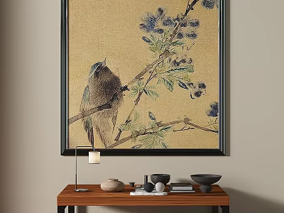 Botanical Painting With Bird And Flowering Branch Above Wooden Table 3d model