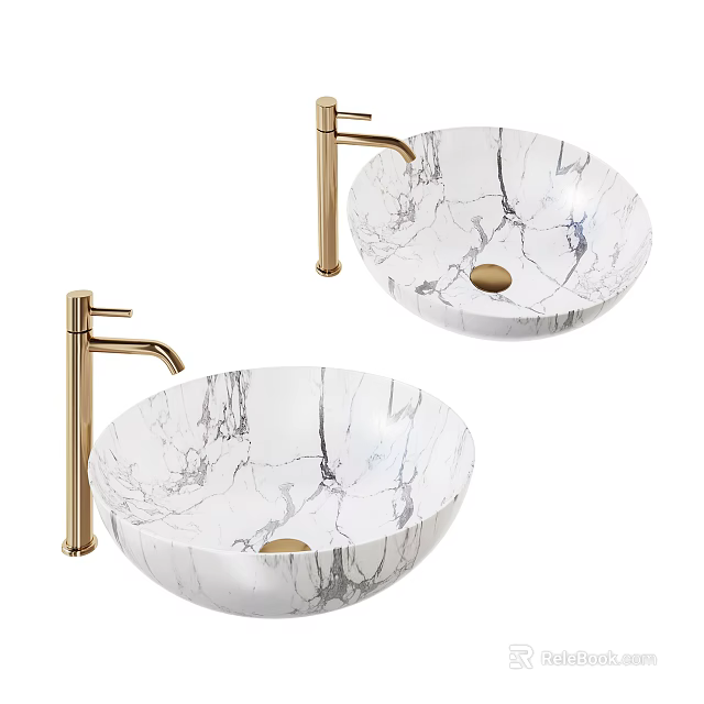 Elegant Bathroom White Marble Pattern Countertop Washbasins With Golden Faucets 3d model 